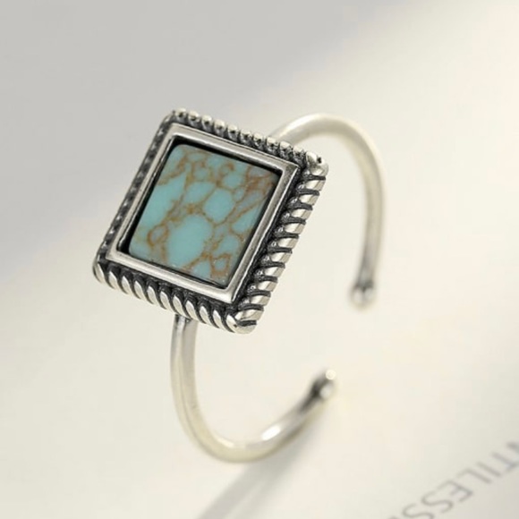 925 Sterling Silver Natural Turquoise Square Vintage Open Ring - Picture 1 of 4